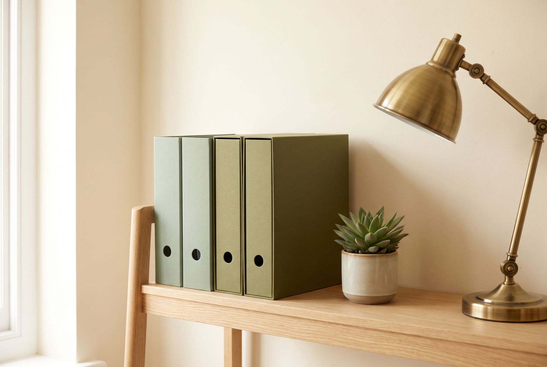 Sage file boxes on a wooden shelf beside a brass lamp